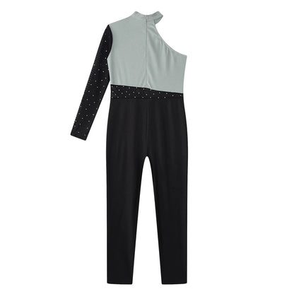 Girls Gymnastics Rhinestones Sheer Mesh Jumpsuit (Age 6-16 YRS)