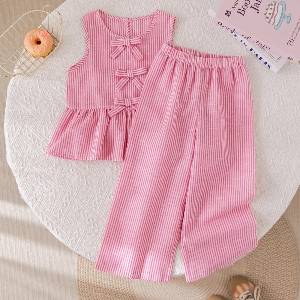 Girls Pink Stripe Bow Sleeveless Vest Top & Trousers Set (Age 3-7YRS)