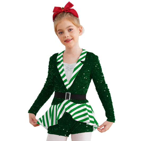 Girls Christmas Candy Cane Long Sleeve Sequin Stripe Costume (Age 6-16 YRS)