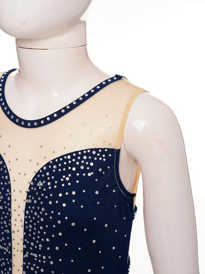 Rhinestone Gymnastics Figure Skating Dress for Teen Girls Sleeveless Sheer Mesh Tutu Ballet Leotard Lyrical Performance Costume