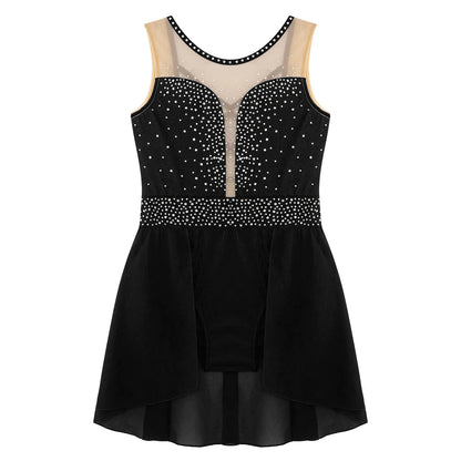 Rhinestone Gymnastics Figure Skating Dress for Teen Girls Sleeveless Sheer Mesh Tutu Ballet Leotard Lyrical Performance Costume