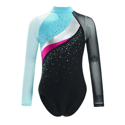 Girls Ballet Dance Leotard Gymnastics  Rhinestones Sheer Mesh Long Sleeve (Age 4-16 YRS)