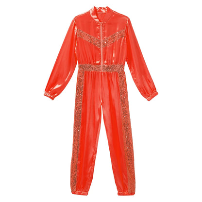 Girls Sequin Satin m Long Sleeve Zipper Jumpsuit (Age 6-16 YRS)