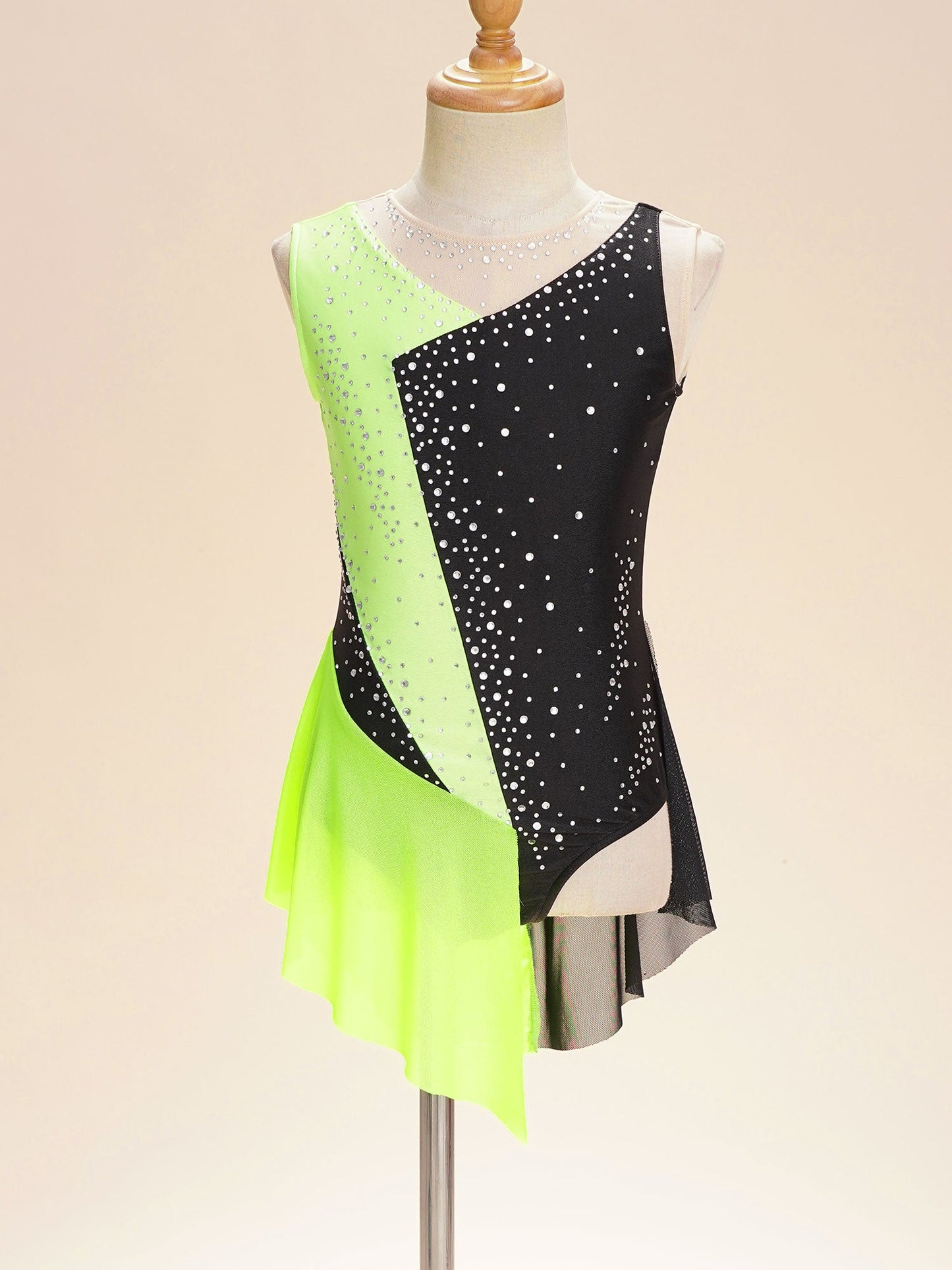 Rhinestone Gymnastics Figure Skating Dress for Teen Girls Sleeveless Sheer Mesh Tutu Ballet Leotard Lyrical Performance Costume