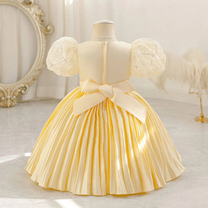 Baby Girls Princess Puff Sleeves Satin Faux Pearls Pleated Tulle Dress (9M-5YRS)