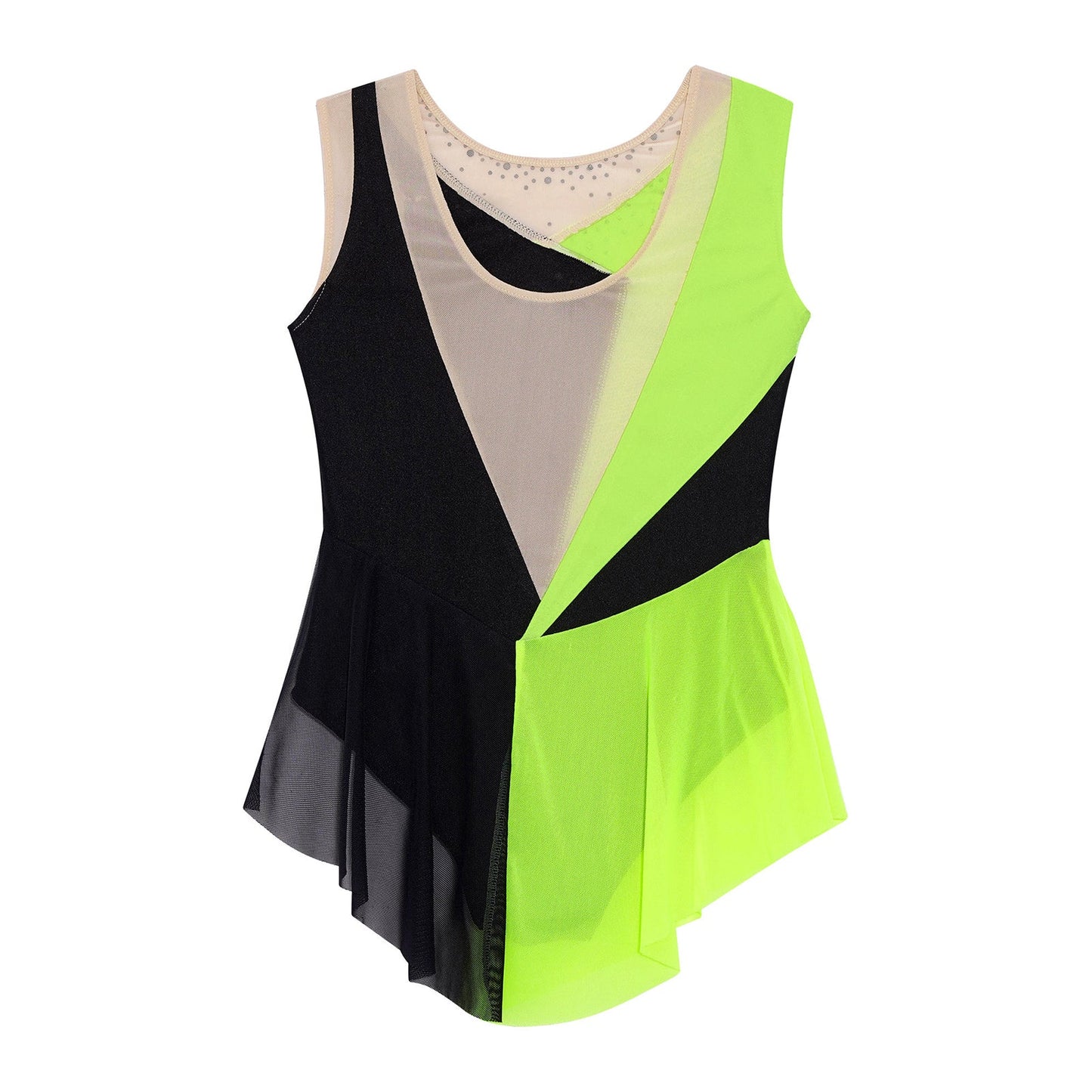 Rhinestone Gymnastics Figure Skating Dress for Teen Girls Sleeveless Sheer Mesh Tutu Ballet Leotard Lyrical Performance Costume