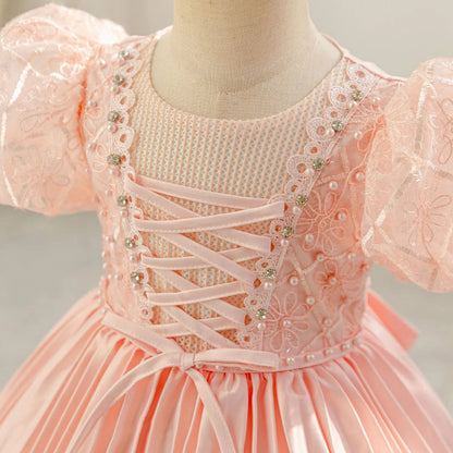 Baby Girls Princess Puff Sleeves Satin Faux Pearls Pleated Tulle Dress (9M-5YRS)