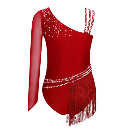Girls Figure Skating Rhinestone Irregular Tassel Bodysuit Leotard (Age  6-16YRS)