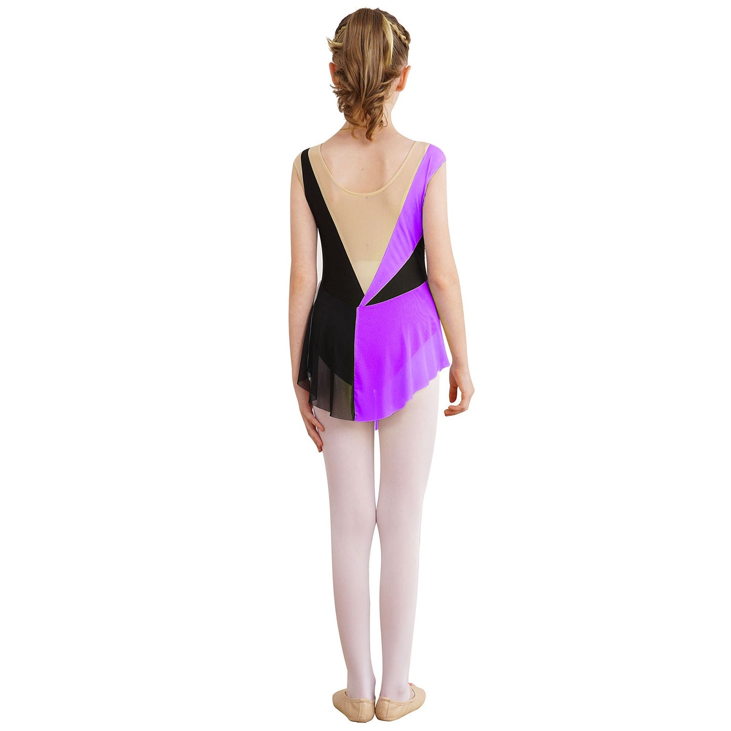Rhinestone Gymnastics Figure Skating Dress for Teen Girls Sleeveless Sheer Mesh Tutu Ballet Leotard Lyrical Performance Costume