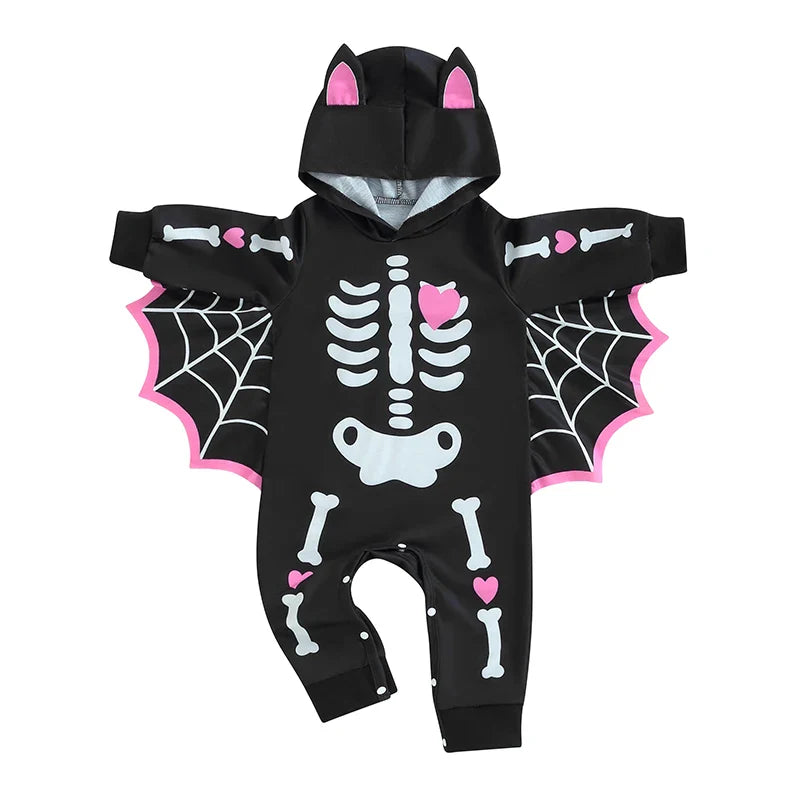Baby Halloween Bat Costume Romper – Skeleton Cobweb Hooded Jumpsuit with Big Ears | Ages Newborn–24M Black