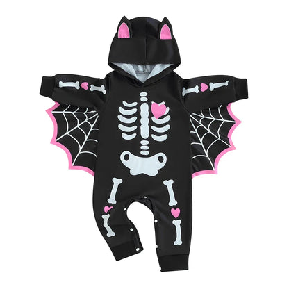Baby Halloween Bat Costume Romper – Skeleton Cobweb Hooded Jumpsuit with Big Ears | Ages Newborn–24M Black
