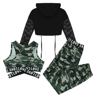 Girls Hip Hop Long Sleeve Drawstring Hooded Tops with Crop Top Pants Tracksuit (Age 6-14YRS)