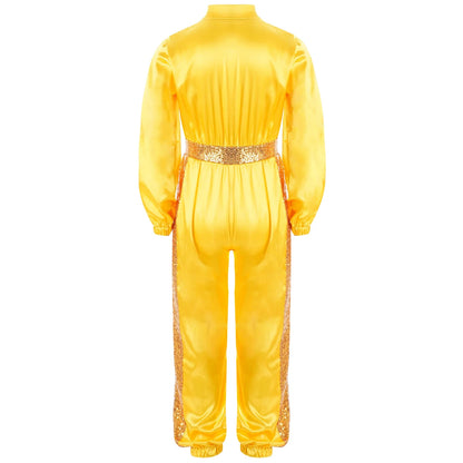 Girls Sequin Satin m Long Sleeve Zipper Jumpsuit (Age 6-16 YRS)