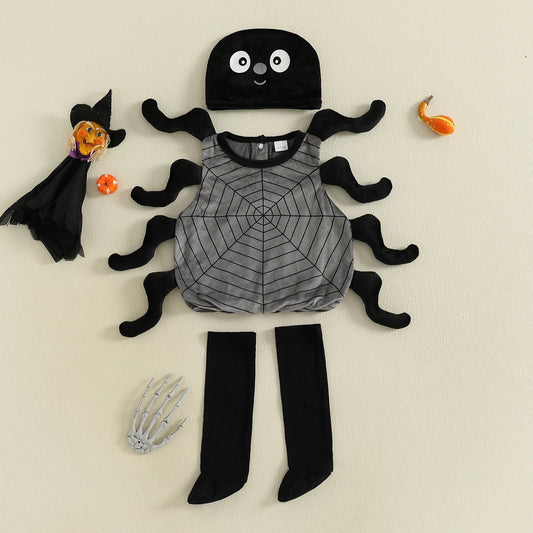 Infant Baby Boy Girl Halloween Spider Cosplay Costume Sleeveless Vest Tops Long Socks Hat 3pcs Sets Party Club Toddler Clothes 3-6M