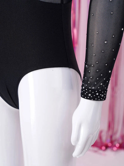 Girls Dance Performance Costume Long Sleeve Rhinestone Leotard (Age 6-16 YRS)