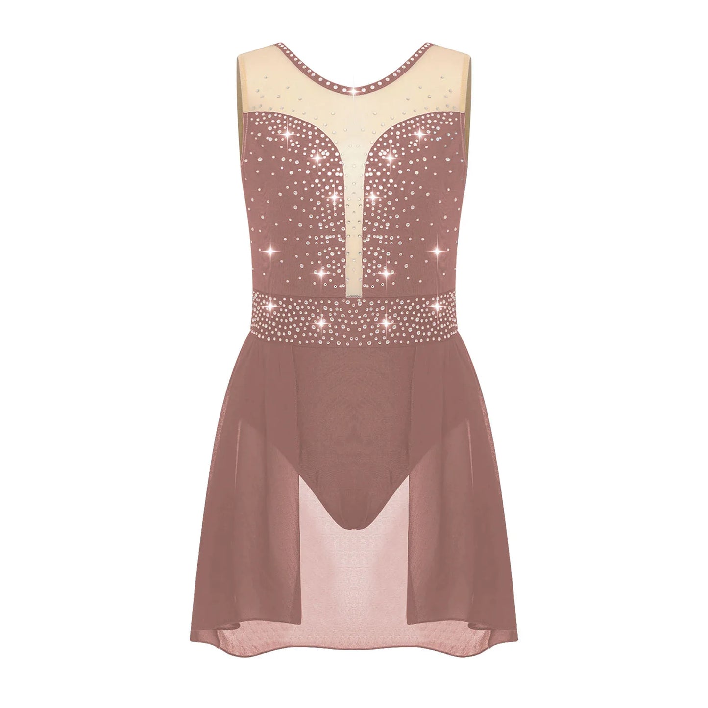 Rhinestone Gymnastics Figure Skating Dress for Teen Girls Sleeveless Sheer Mesh Tutu Ballet Leotard Lyrical Performance Costume