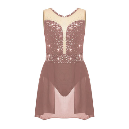 Rhinestone Gymnastics Figure Skating Dress for Teen Girls Sleeveless Sheer Mesh Tutu Ballet Leotard Lyrical Performance Costume