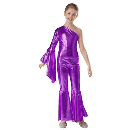 Girls Dance Metallic One Shoulder Bell-Bottom Jumpsuit (Age 6-16YRS)