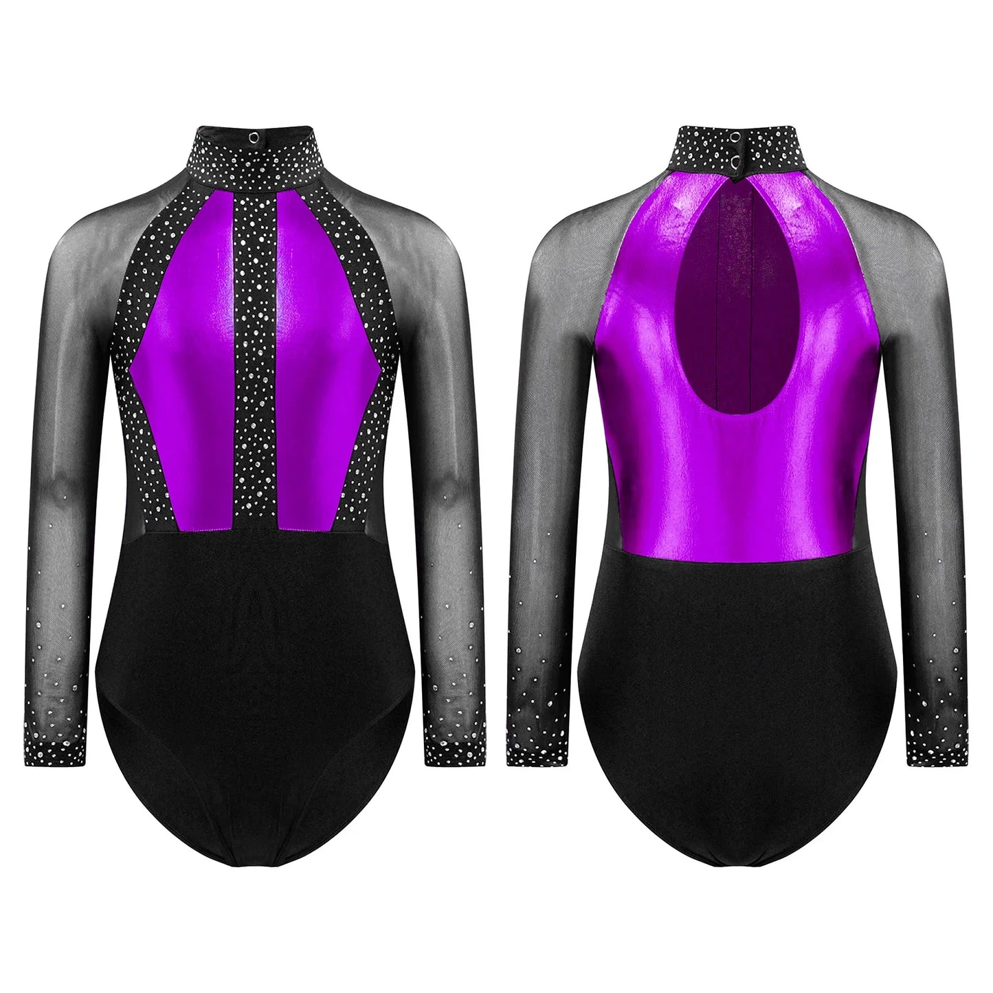 Girls Dance Performance Costume Long Sleeve Rhinestone Leotard (Age 6-16 YRS)