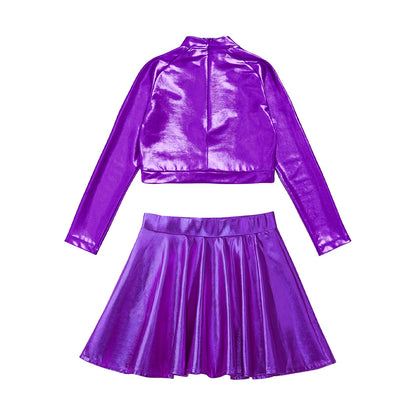 Girls Dance Metallic Long Sleeve Sequin Crop Top & Skirt (Age 6-14YRS)