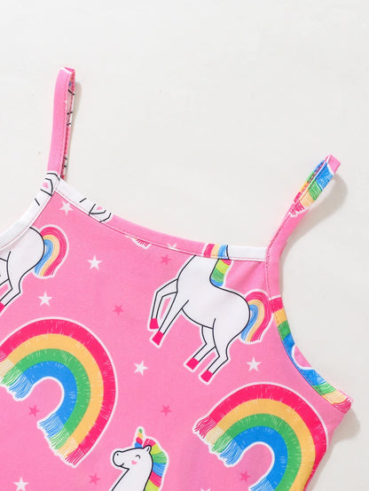Girls Pink Rainbow & Unicorn Print Summer Dress (Age 3-7 YRS)