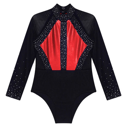 Girls Dance Performance Costume Long Sleeve Rhinestone Leotard (Age 6-16 YRS)