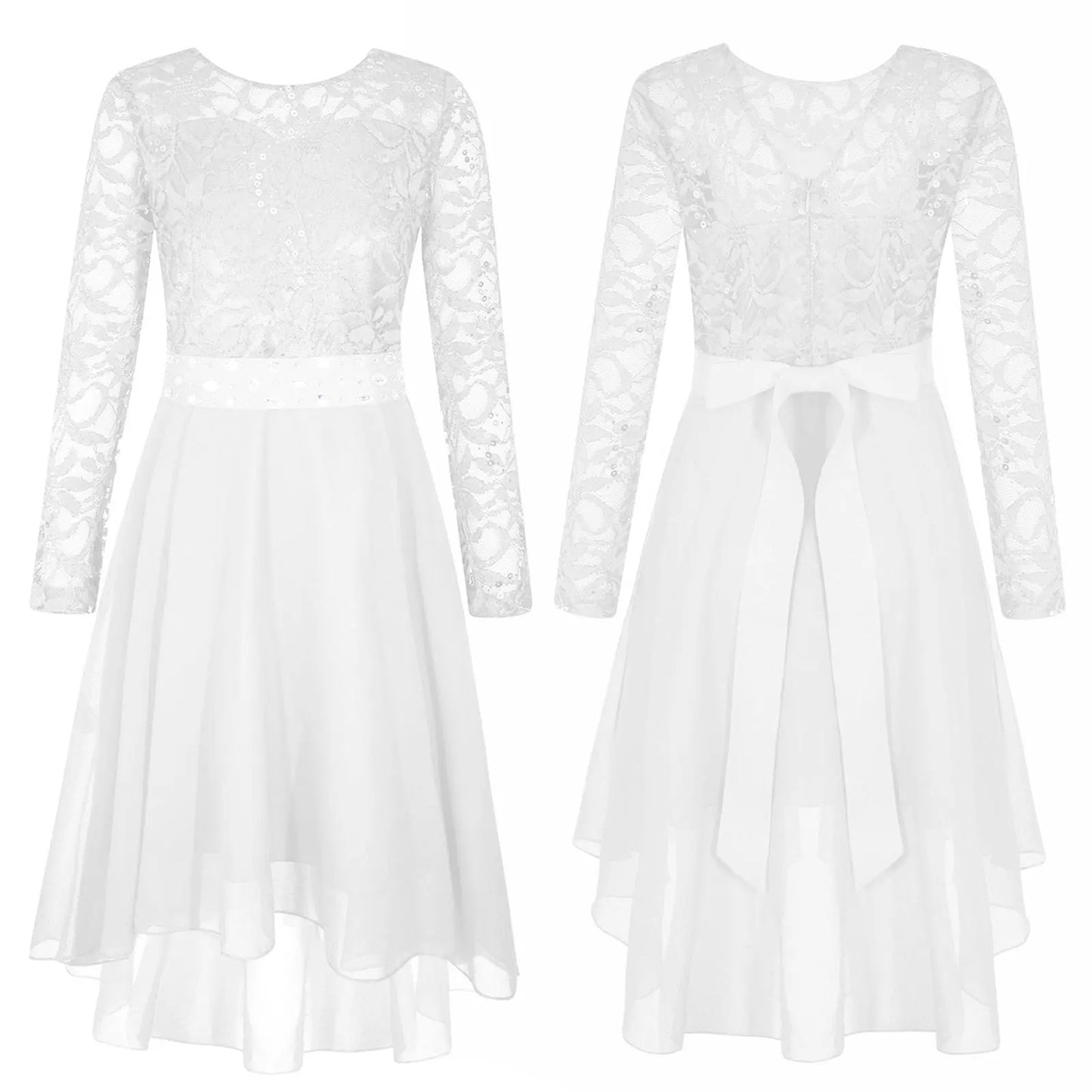 Girls Lace Chiffon Long Sleeve High-Rhinestone Sash Dress (Age 6-16 YRS)