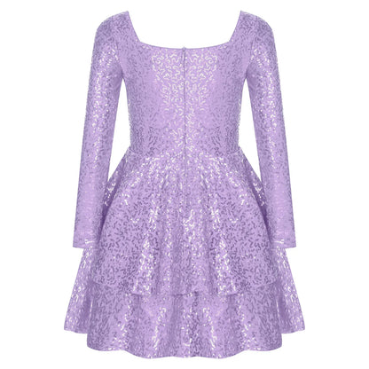 Girls Sequin Long Sleeve Double Layer Hemline Dress (Age 6-14 YRS)