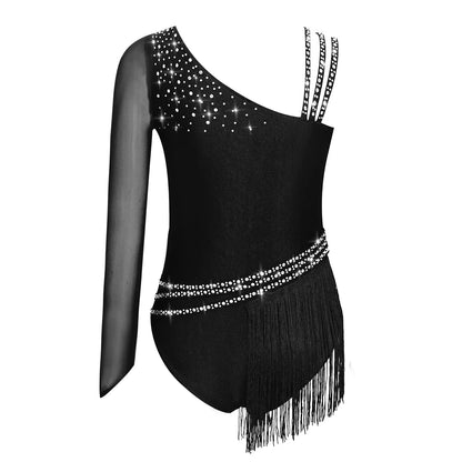 Girls Figure Skating Rhinestone Irregular Tassel Bodysuit Leotard (Age  6-16YRS)