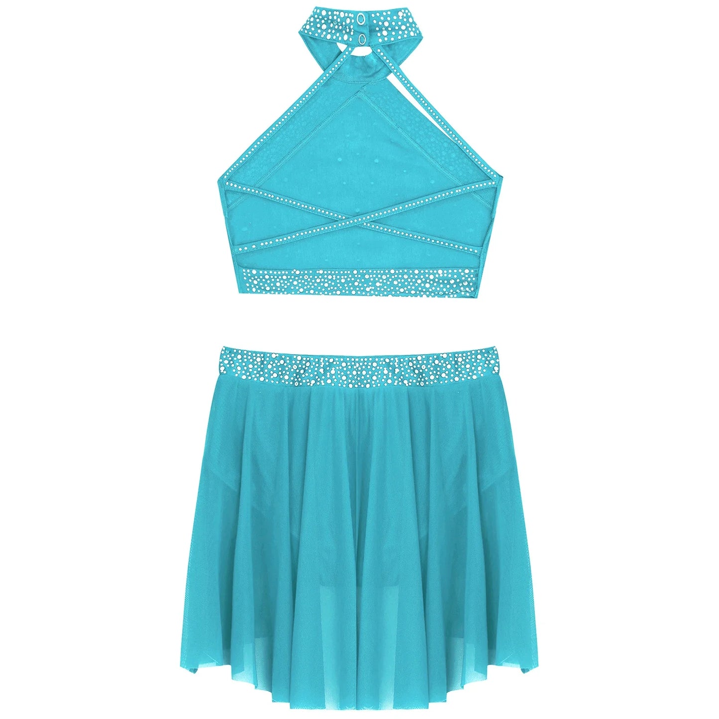 Girls Rhinestones Dance Outfit Tops & Skirt Set (Age 6-16 YRS)