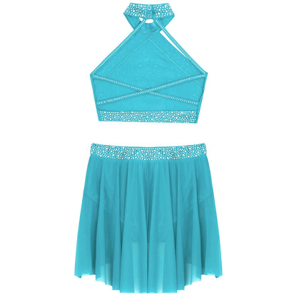 Girls Rhinestones Dance Outfit Tops & Skirt Set (Age 6-16 YRS)