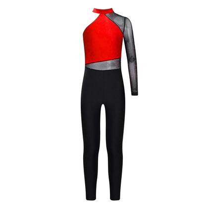 Girls Gymnastics Rhinestones Sheer Mesh Jumpsuit (Age 6-16 YRS)