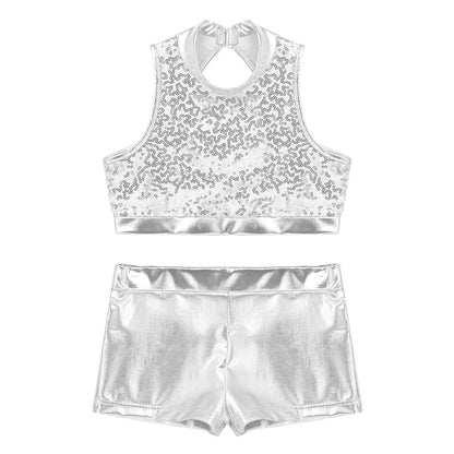 Girls Dance Costume Sequin Crop Top & Shorts Set (Age 6-12 YRS)