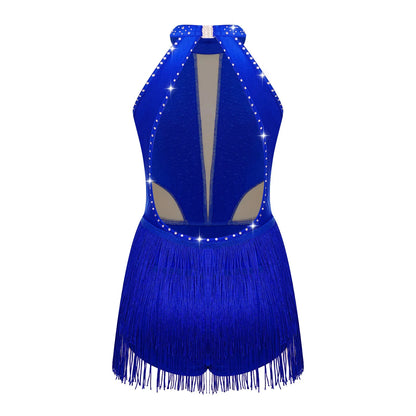Girls Dance Costume Sleeveless Rhinestone Tassel Leotard (Age 6-16 YRS)