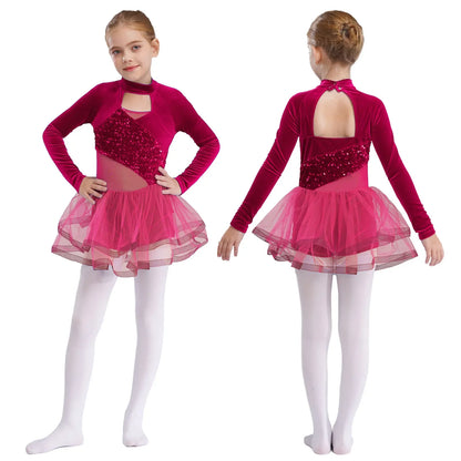 Girls Figure Skating Dance Costume Sequin Long Sleeve Velvet Mesh Leotard Dress (Age 6-14 YRS)