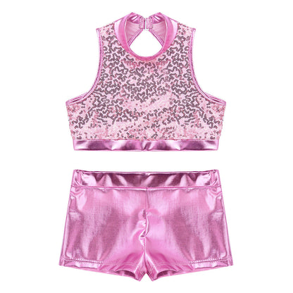 Girls Dance Costume Sequin Crop Top & Shorts Set (Age 6-12 YRS)
