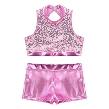 Girls Dance Costume Sequin Crop Top & Shorts Set (Age 6-12 YRS)