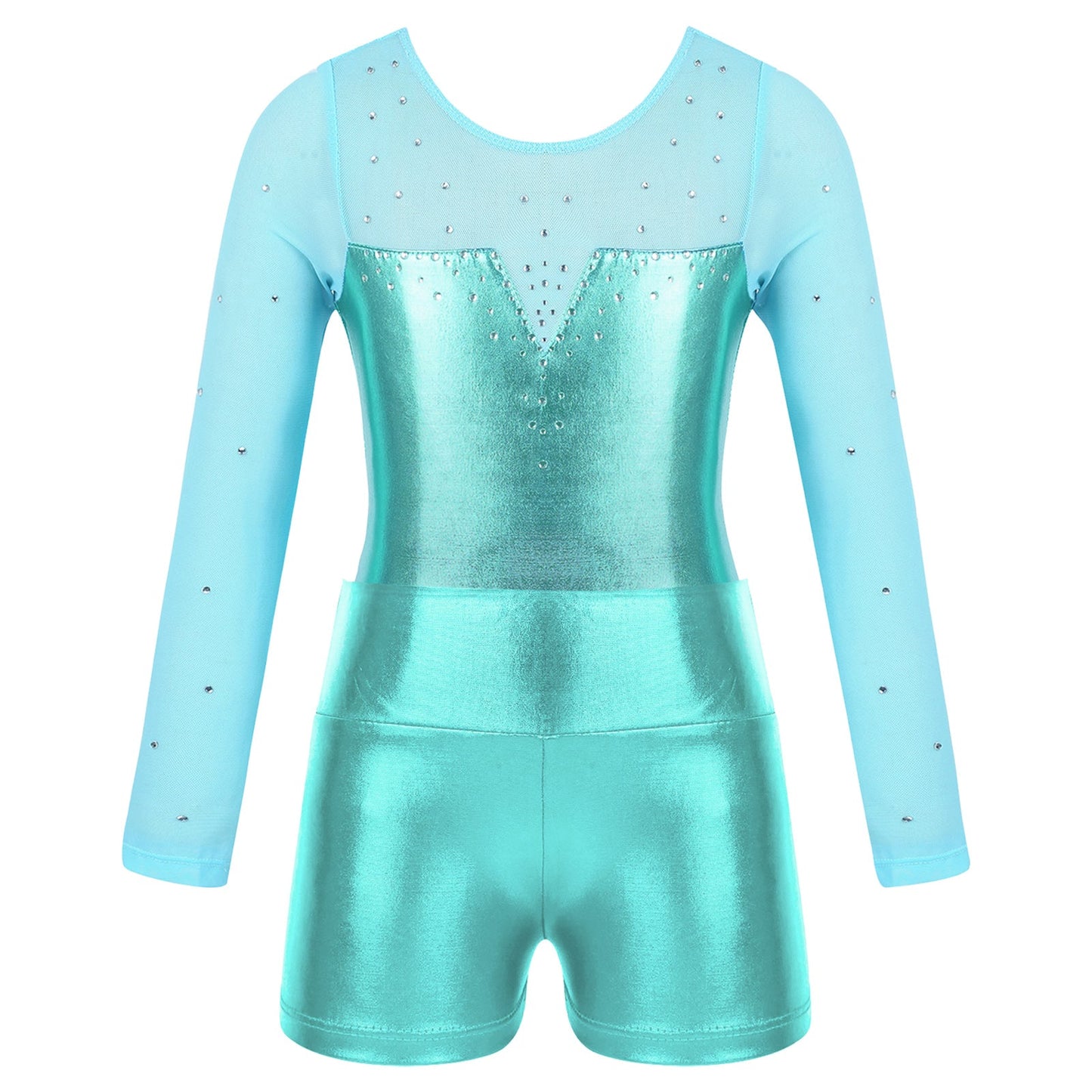 Girls Rhinestone Metallic Dance Bodysuit & Shorts Set (Age 4-12 YRS)