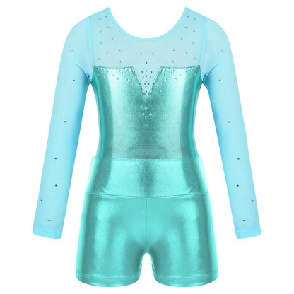 Girls Rhinestone Metallic Dance Bodysuit & Shorts Set (Age 4-12 YRS)