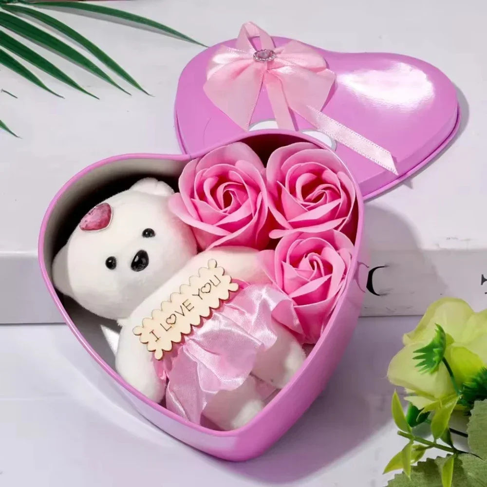 Heart Shaped Soap Flower Teddy Bear Gift Box