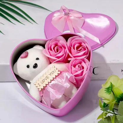 Heart Shaped Soap Flower Teddy Bear Gift Box