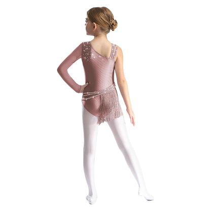 Girls Figure Skating Rhinestone Irregular Tassel Bodysuit Leotard (Age  6-16YRS)