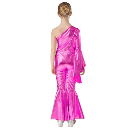 Girls Dance Metallic One Shoulder Bell-Bottom Jumpsuit (Age 6-16YRS)