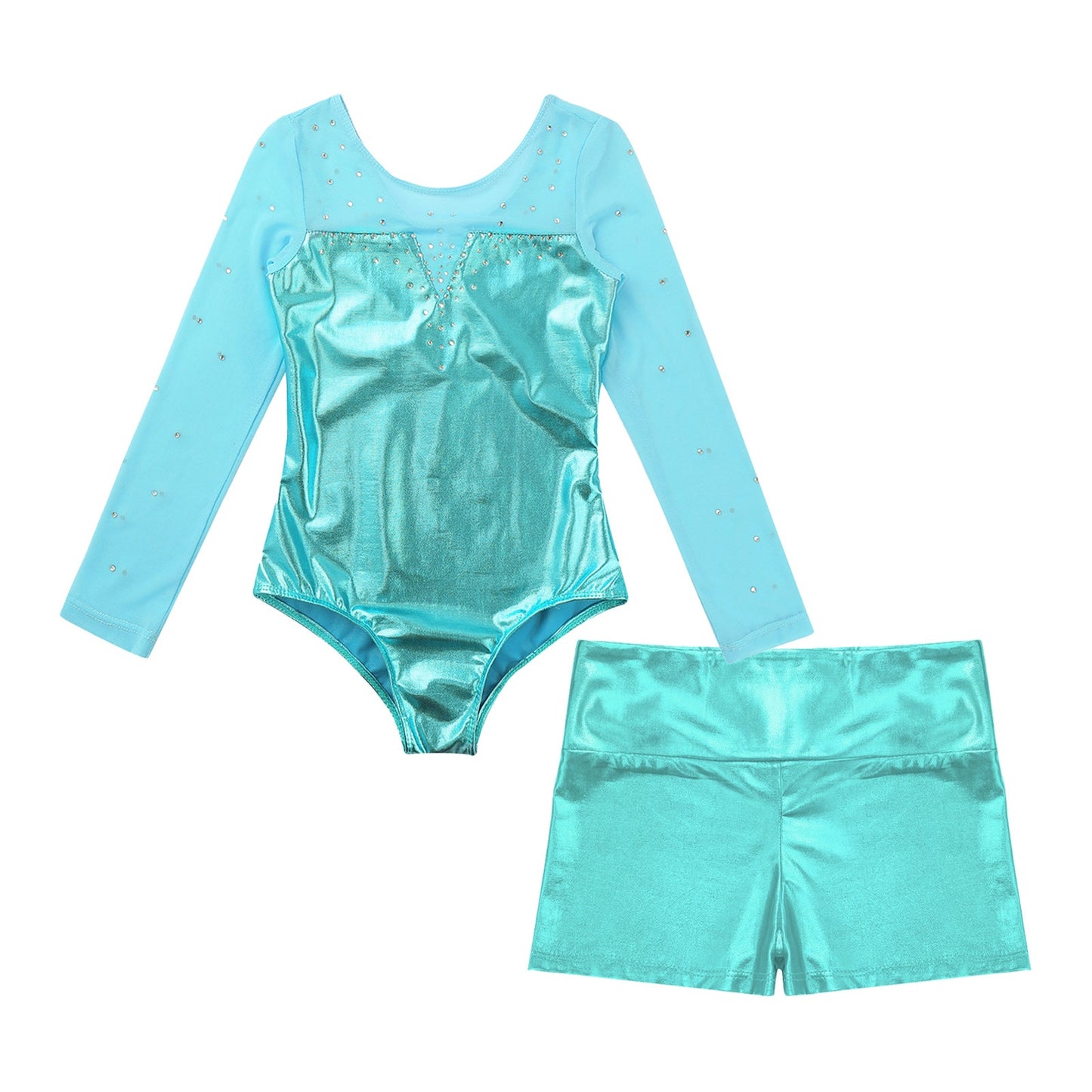 Girls Rhinestone Metallic Dance Bodysuit & Shorts Set (Age 4-12 YRS)