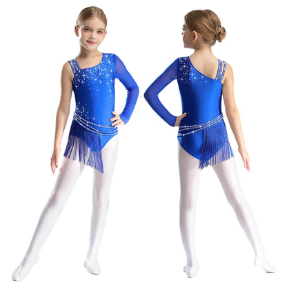Girls Figure Skating Rhinestone Irregular Tassel Bodysuit Leotard (Age  6-16YRS)