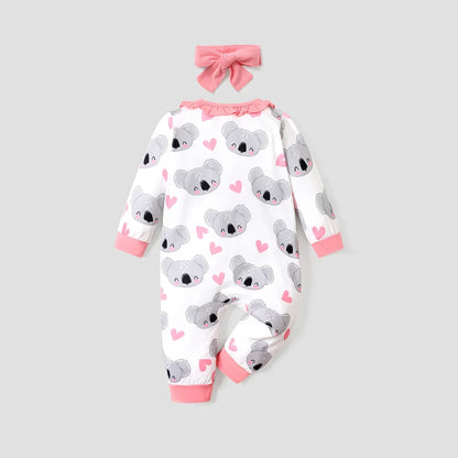 Baby Girls Koala Print White Long-Sleeve Ruffle Snap-up Jumpsuit (Age Newborn-18M)