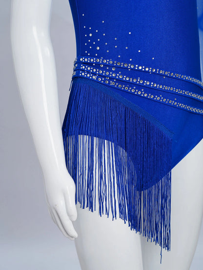 Girls Figure Skating Rhinestone Irregular Tassel Bodysuit Leotard (Age  6-16YRS)