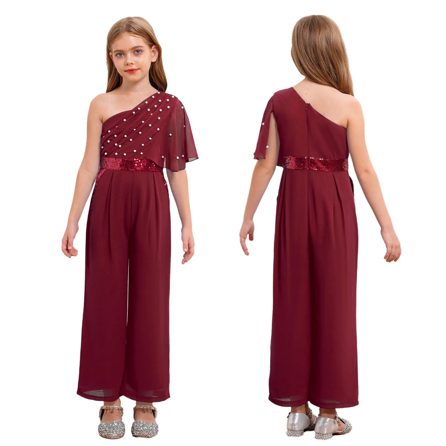 Girls One Shoulder PearlSequin Ruffled Wide Leg Jumpsuit (Age 6-14YRS)