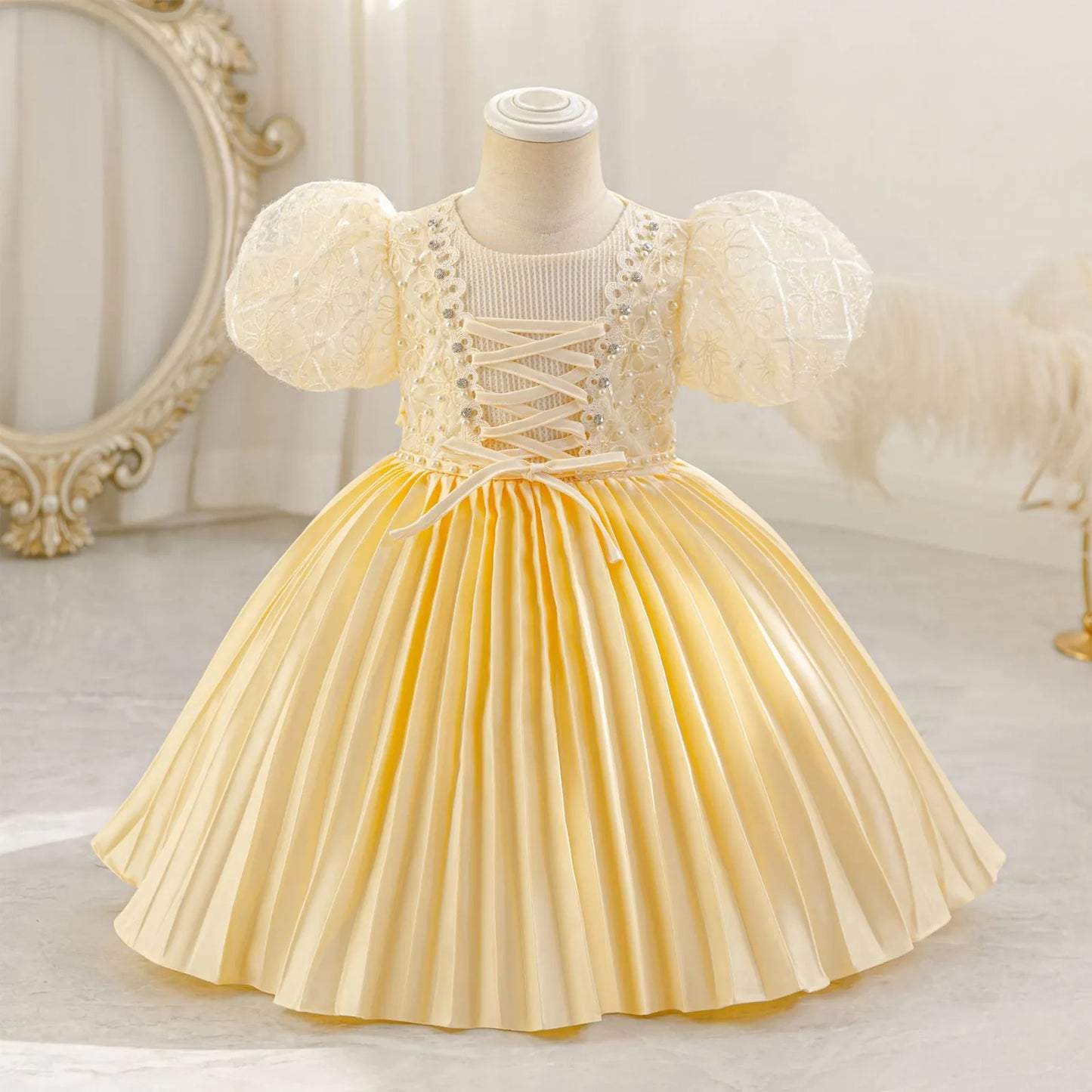 Baby Girls Princess Puff Sleeves Satin Faux Pearls Pleated Tulle Dress (9M-5YRS)