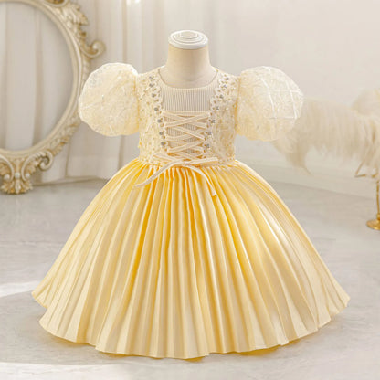 Baby Girls Princess Puff Sleeves Satin Faux Pearls Pleated Tulle Dress (9M-5YRS)